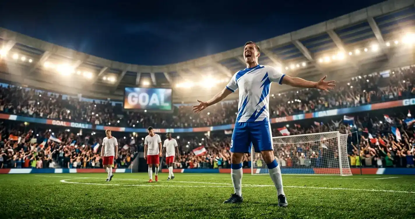 Fehér-kék mezes játékos gólt ünnepel egy vb-mérkőzésen, tömött modern amerikai stadion háttérben, kivilágított lelátóval