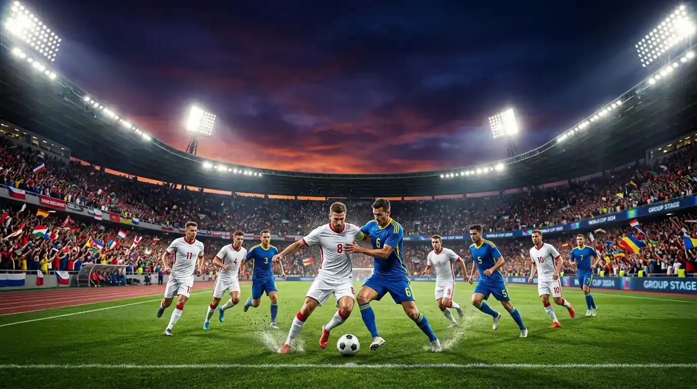 Esti VB-mérkőzés hangulata egy zsúfolt stadionban, fogadási tippek a csoportkör meccseire