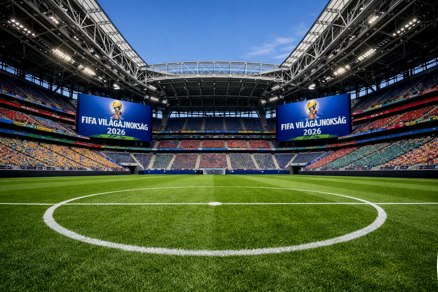 Modern amerikai futballstadion belülről, a VB 2026 mérkőzésére készülve zöld gyeppel és üres lelátókkal
