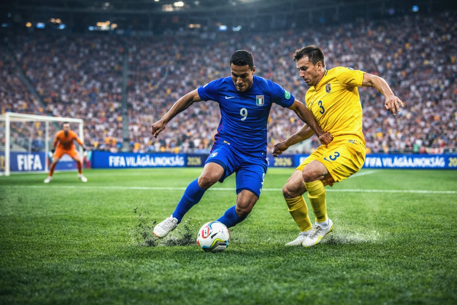 Labdarúgók akcióban a pályán a VB 2026 mérkőzésén, háttérben a szurkolók