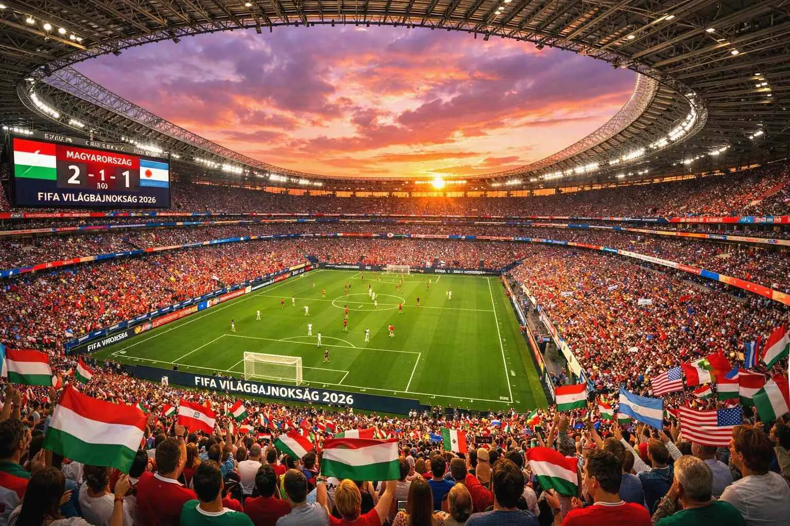A 2026-os labdarúgó-világbajnokság stadionjainak panorámája telt házas lelátókkal