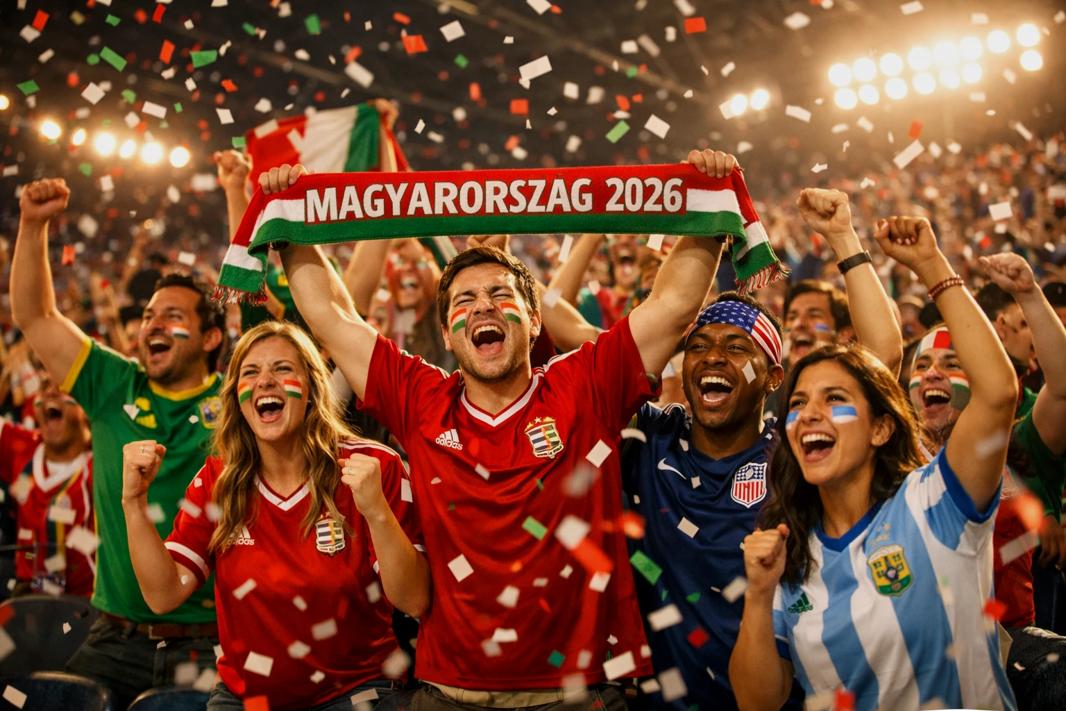 Lelkes szurkolók a lelátón nemzeti színekben a VB 2026 csoportmérkőzésén